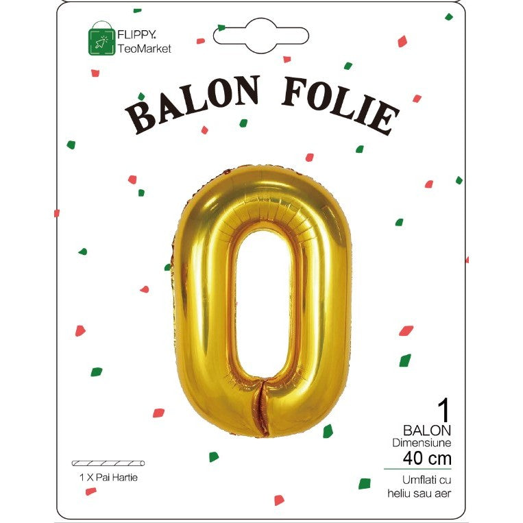 Balon din Folie Metalizata, Figurina Cifra, Tema Aniversare 40 cm, Ambalaj Individual, Pai inclus, Umflare cu Aer sau Heliu, Auriu, Cifra 0