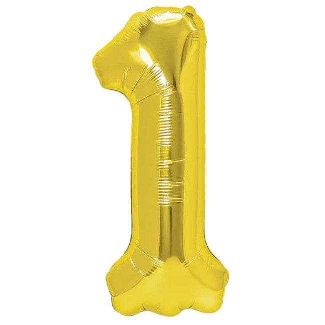Balon din Folie Metalizata, Figurina Cifra, Tema Aniversare 40 cm, Ambalaj Individual, Pai inclus, Umflare cu Aer sau Heliu, Auriu, Cifra 1