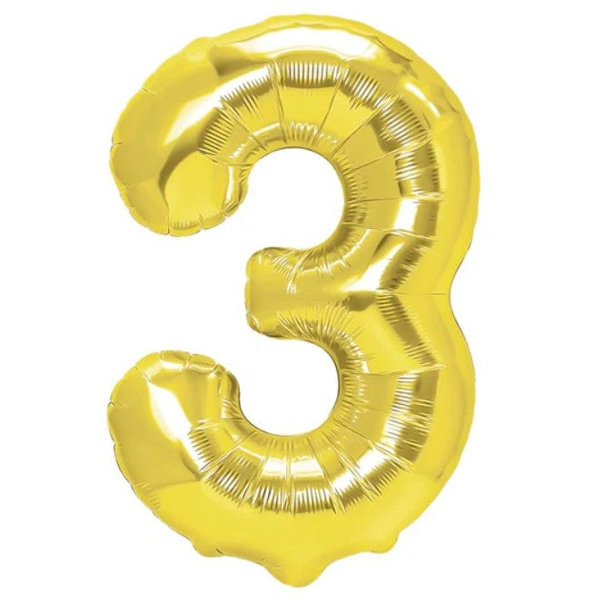 Balon din Folie Metalizata, Figurina Cifra, Tema Aniversare 40 cm, Ambalaj Individual, Pai inclus, Umflare cu Aer sau Heliu, Auriu, Cifra 3