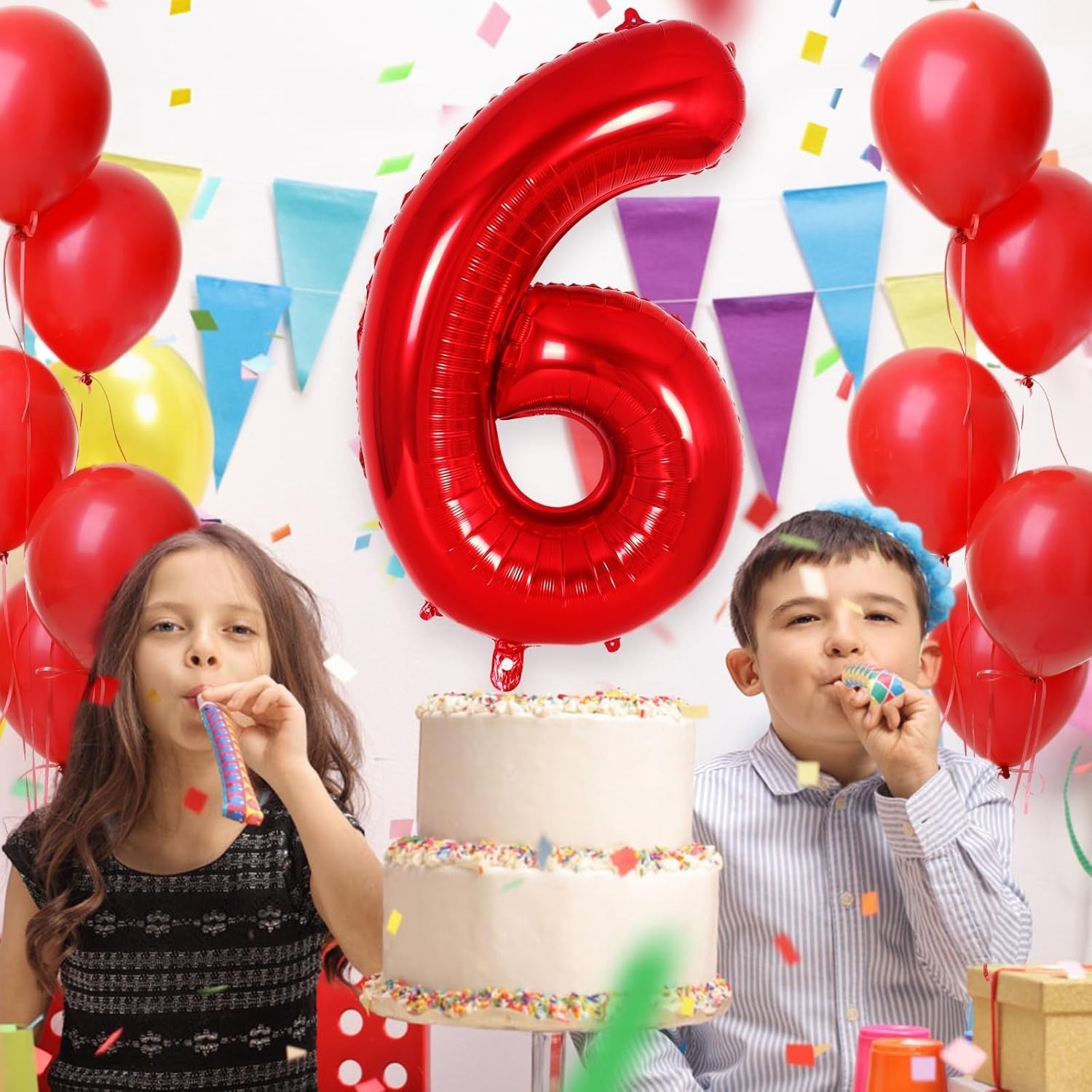 Balon din Folie Metalizata, Figurina Cifra, Tema Aniversare 40 cm, Ambalaj Individual, Pai inclus, Umflare cu Aer sau Heliu, Rosu, Cifra 6