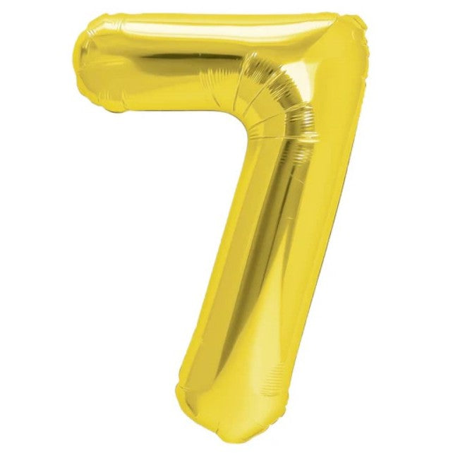 Balon din Folie Metalizata, Figurina Cifra, Tema Aniversare 40 cm, Ambalaj Individual, Pai inclus, Umflare cu Aer sau Heliu, Auriu, Cifra 7