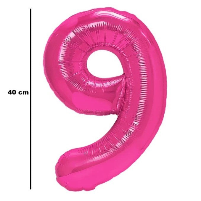 Balon din Folie Metalizata, Figurina Cifra, Tema Aniversare 40 cm, Ambalaj Individual, Pai inclus, Umflare cu Aer sau Heliu, Roz, Cifra 9