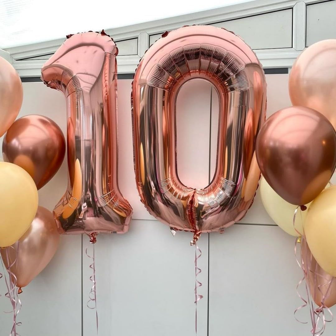 Balon din Folie Metalizata, Figurina Cifra, Tema Aniversare 40 cm, Ambalaj Individual, Pai inclus, Umflare cu Aer sau Heliu, Rose Gold, Cifra 0