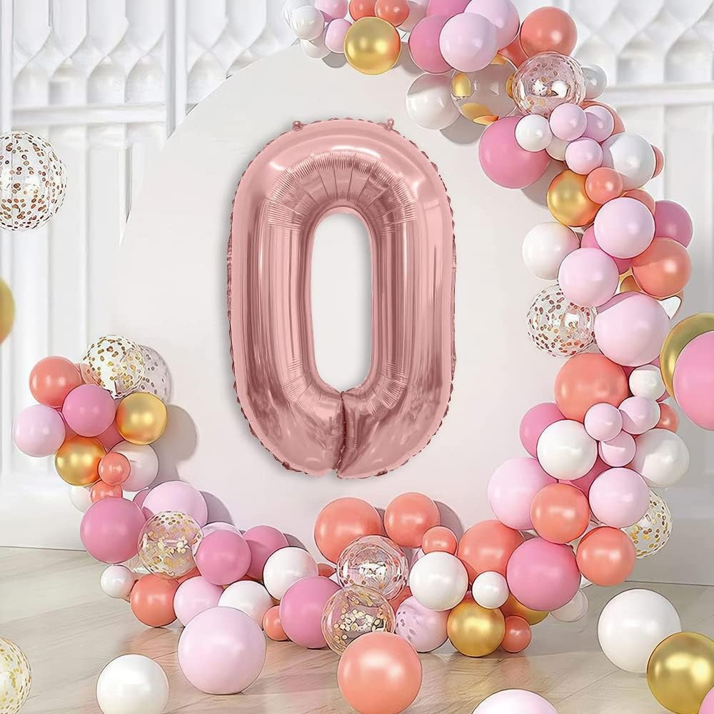 Balon din Folie Metalizata, Figurina Cifra, Tema Aniversare 40 cm, Ambalaj Individual, Pai inclus, Umflare cu Aer sau Heliu, Rose Gold, Cifra 0