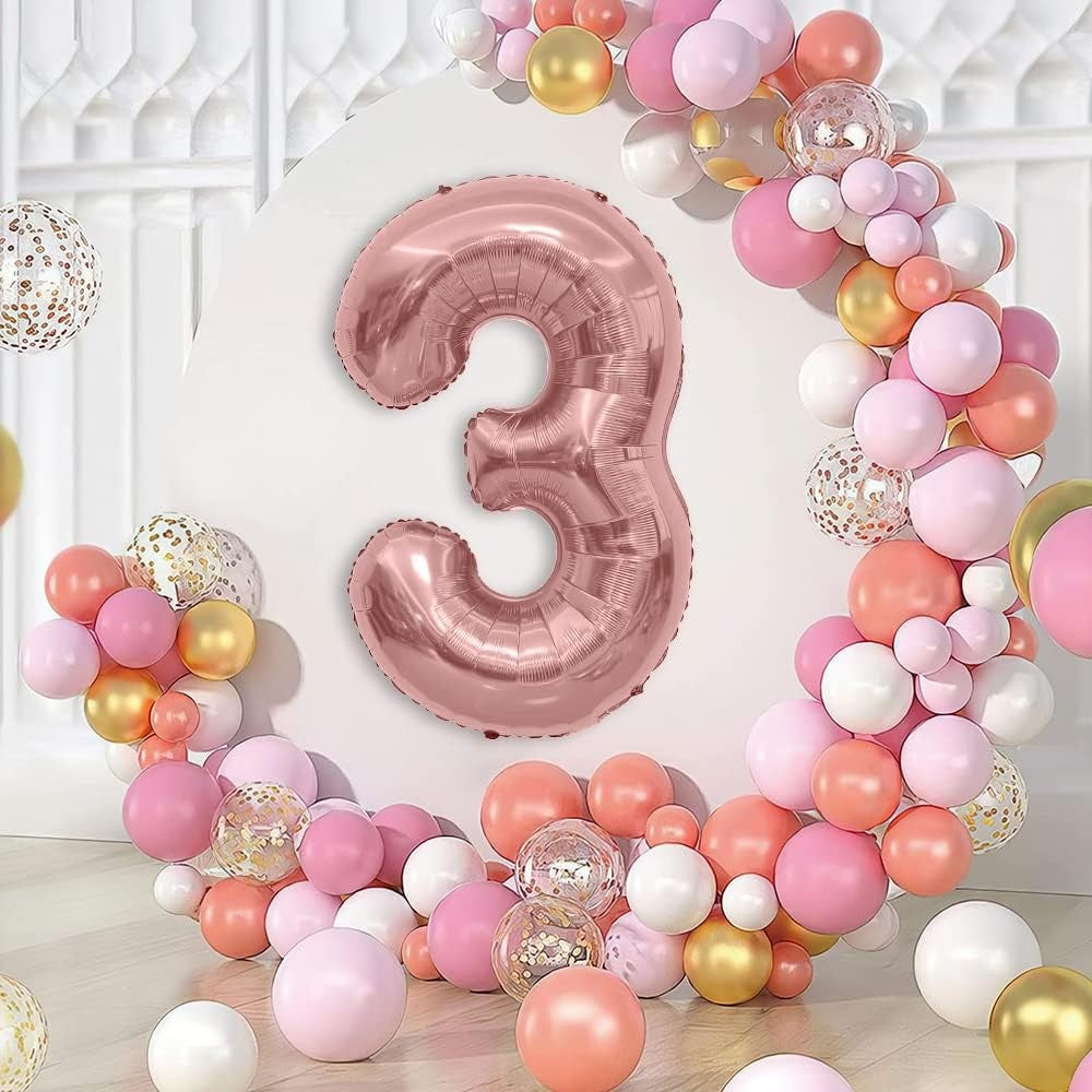 Balon din Folie Metalizata, Figurina Cifra, Tema Aniversare 40 cm, Ambalaj Individual, Pai inclus, Umflare cu Aer sau Heliu, Rose Gold, Cifra 3
