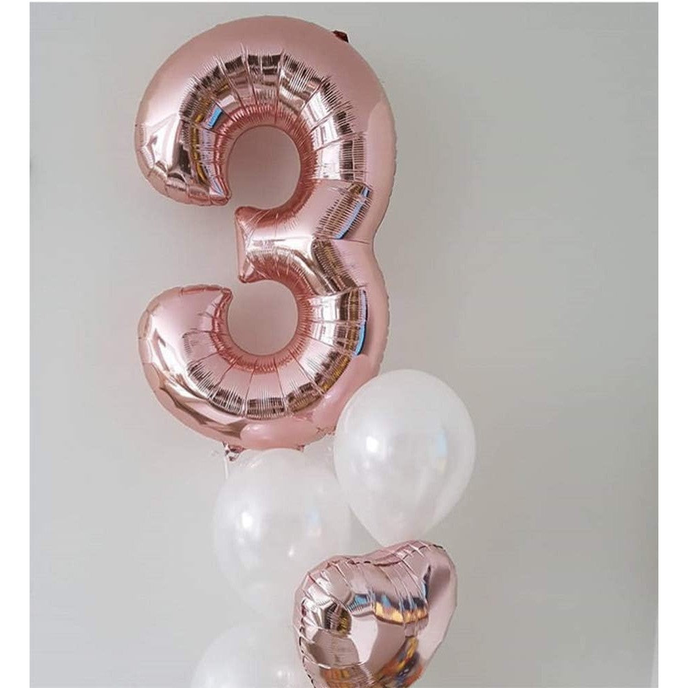 Balon din Folie Metalizata, Figurina Cifra, Tema Aniversare 40 cm, Ambalaj Individual, Pai inclus, Umflare cu Aer sau Heliu, Rose Gold, Cifra 3