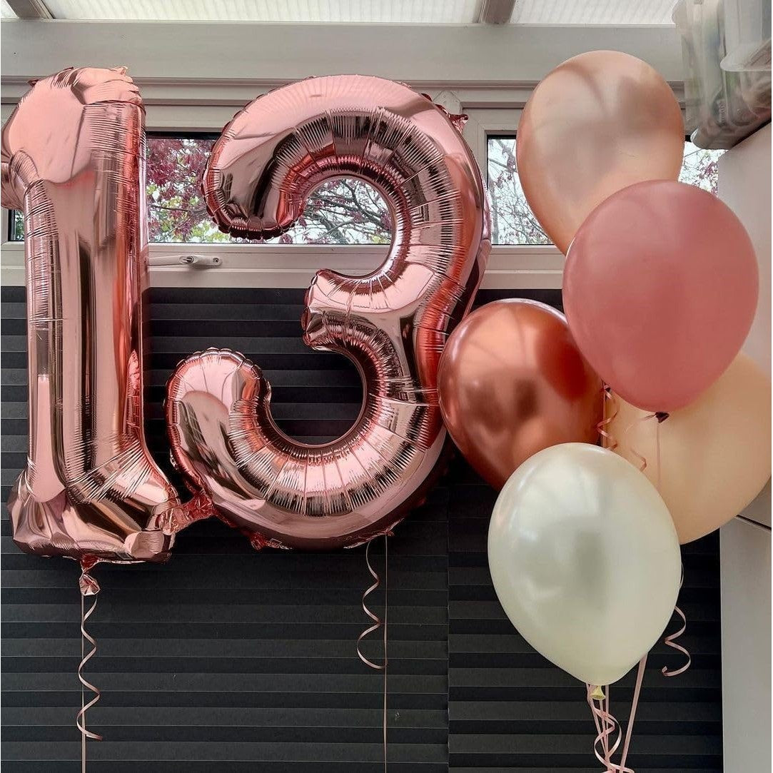 Balon din Folie Metalizata, Figurina Cifra, Tema Aniversare 40 cm, Ambalaj Individual, Pai inclus, Umflare cu Aer sau Heliu, Rose Gold, Cifra 3