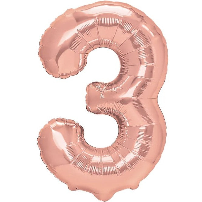 Balon din Folie Metalizata, Figurina Cifra, Tema Aniversare 40 cm, Ambalaj Individual, Pai inclus, Umflare cu Aer sau Heliu, Rose Gold, Cifra 3