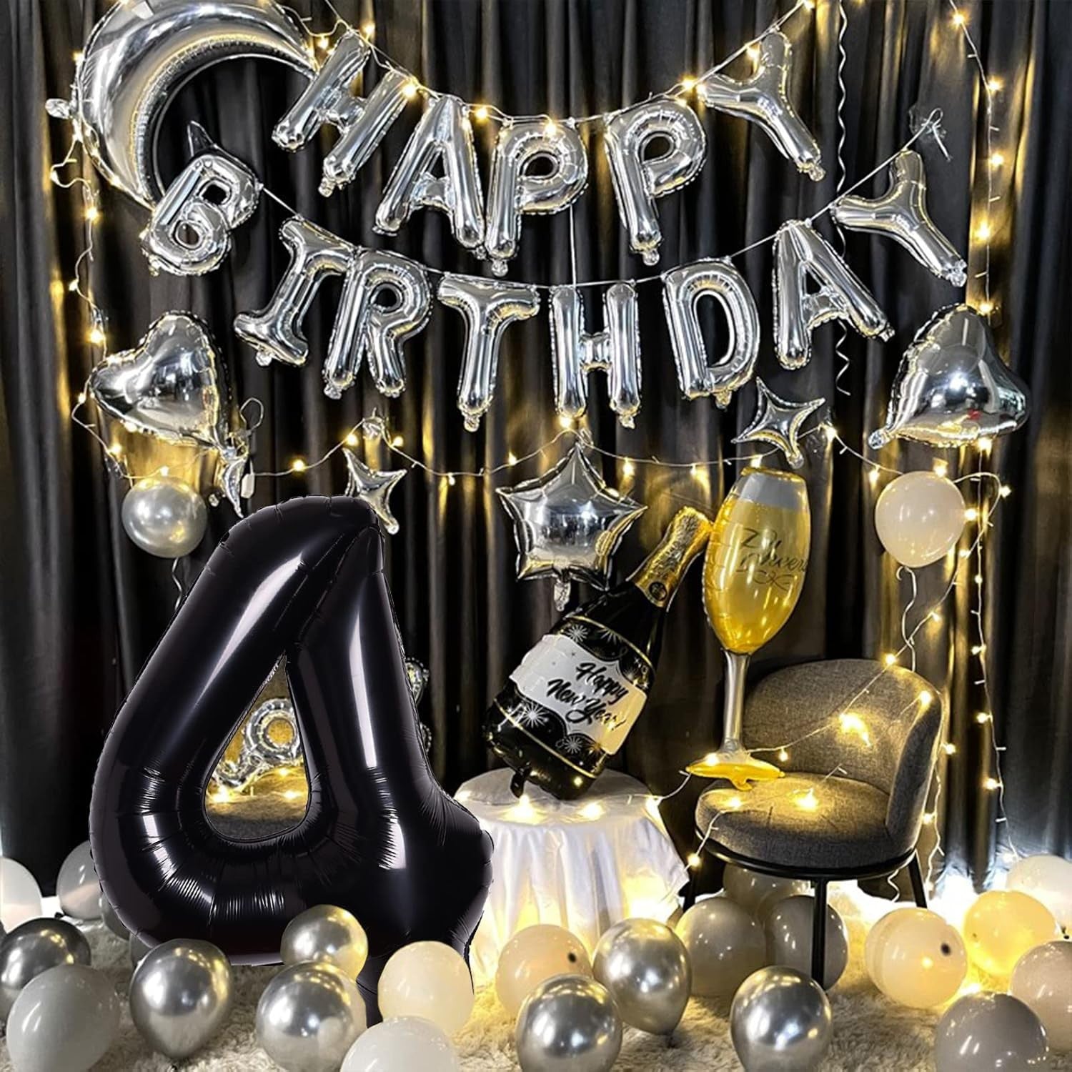 Balon din Folie Metalizata, Figurina Cifra, Tema Aniversare 80 cm, Ambalaj Individual, Pai inclus, Umflare cu Aer sau Heliu, Negru, Cifra 4