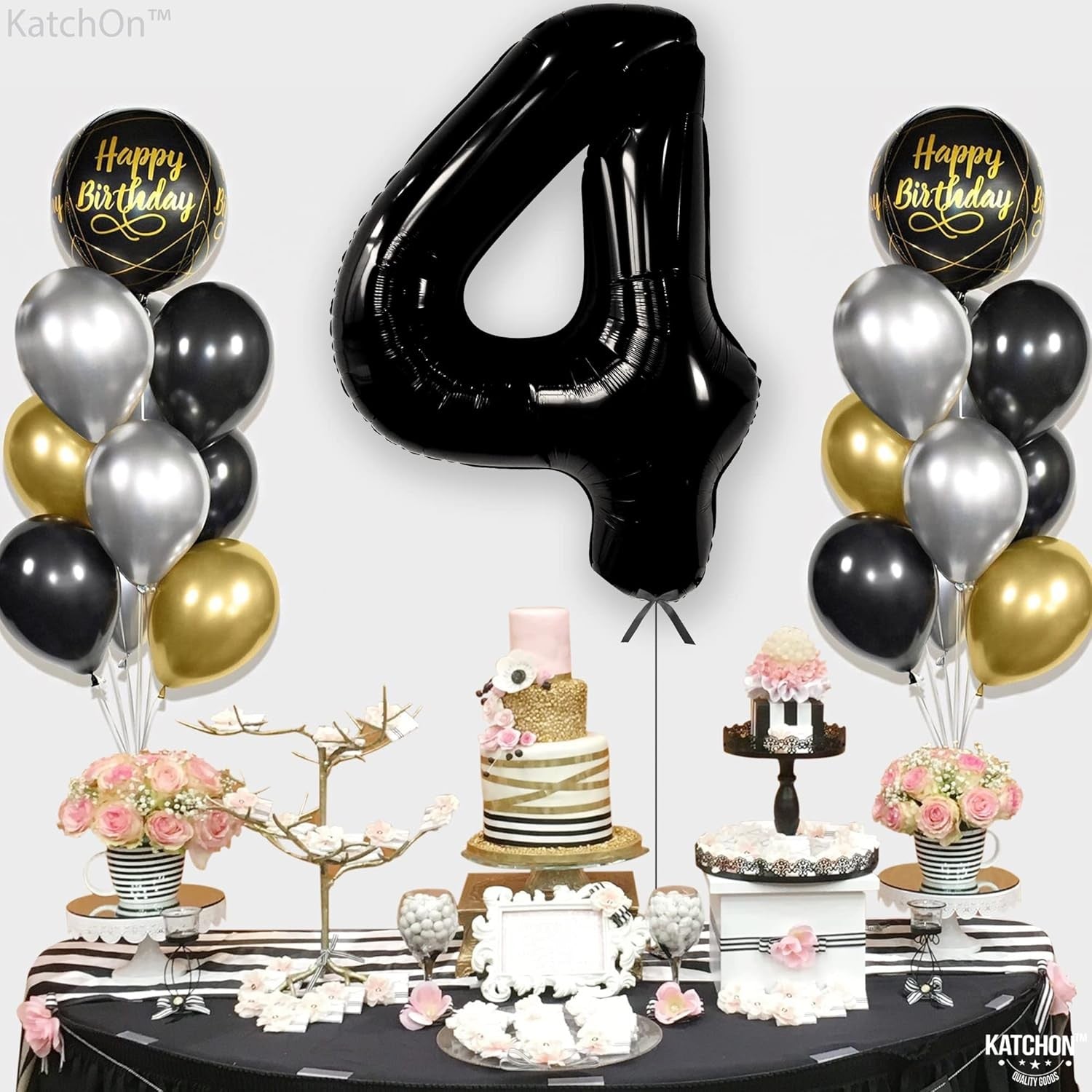 Balon din Folie Metalizata, Figurina Cifra, Tema Aniversare 80 cm, Ambalaj Individual, Pai inclus, Umflare cu Aer sau Heliu, Negru, Cifra 4