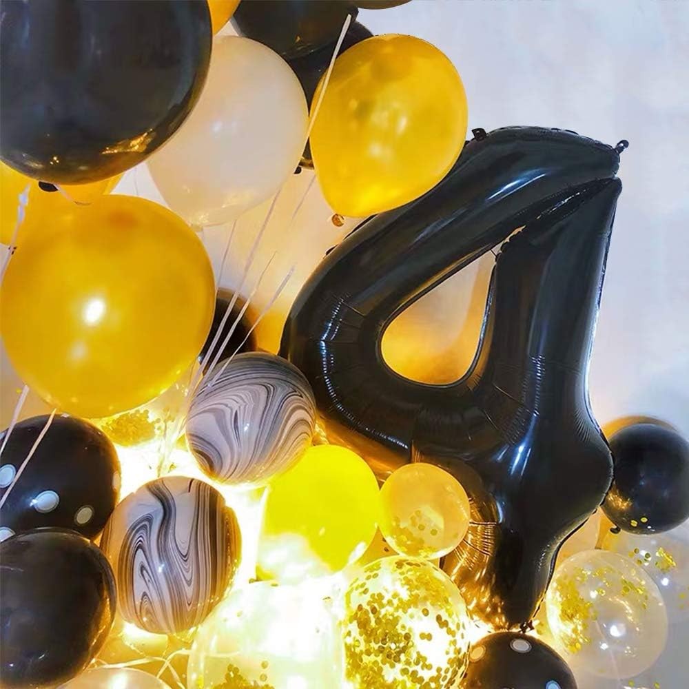 Balon din Folie Metalizata, Figurina Cifra, Tema Aniversare 80 cm, Ambalaj Individual, Pai inclus, Umflare cu Aer sau Heliu, Negru, Cifra 4