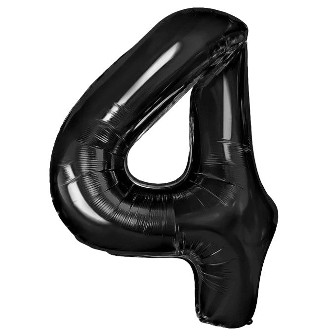Balon din Folie Metalizata, Figurina Cifra, Tema Aniversare 80 cm, Ambalaj Individual, Pai inclus, Umflare cu Aer sau Heliu, Negru, Cifra 4