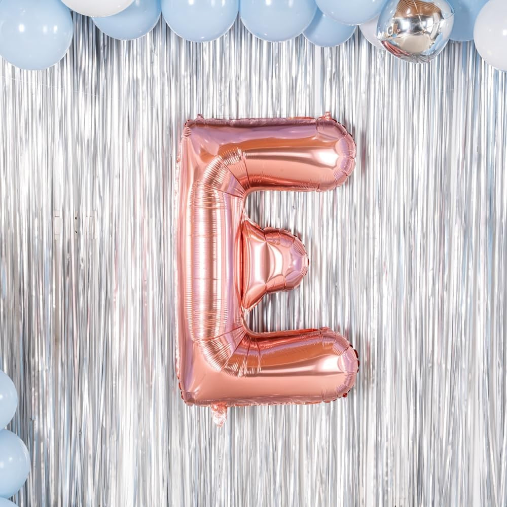 Balon Folie Metalizata Litera E, 80 cm, Umflati cu Heliu sau Aer, Ambalaj Individual, Pai inclus, Rose Gold