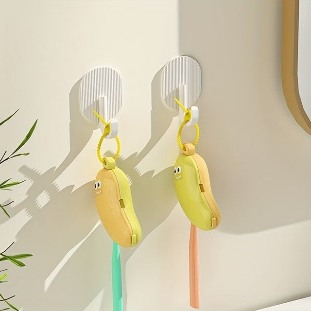 Capac Protector pentru Periuta de Dinti, cu Recipient Pasta de Dinti, Portabil, cu Agatatoare, din Plastic 8.7 x 3 cm, Verde/Galben