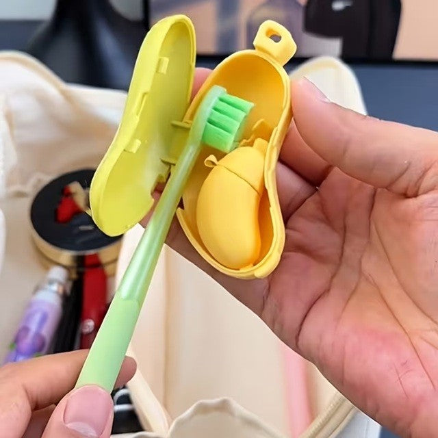 Capac Protector pentru Periuta de Dinti, cu Recipient Pasta de Dinti, Portabil, cu Agatatoare, din Plastic 8.7 x 3 cm, Verde/Galben