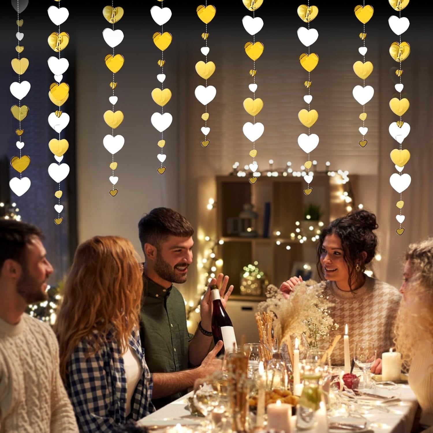 Banner cu Inimioare, Tip Franjuri, 4 m, Rola de Ata Inclusa, Auriu/Alb