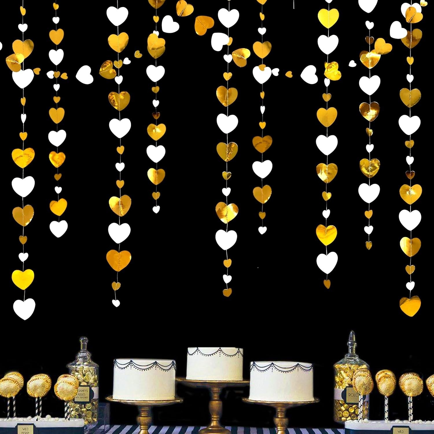 Banner cu Inimioare, Tip Franjuri, 4 m, Rola de Ata Inclusa, Auriu/Alb