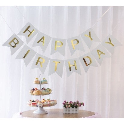 Banner Happy Birthday 100x200 cm, Dimensiune Stegulet 11.5x16.5 cm, Rola de Ata Inclusa, Alb