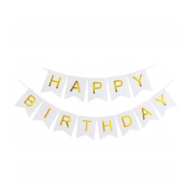Banner Happy Birthday 100x200 cm, Dimensiune Stegulet 11.5x16.5 cm, Rola de Ata Inclusa, Alb