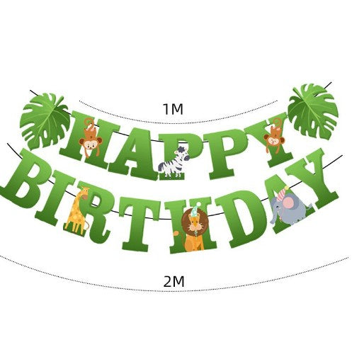 Banner Happy Birthday 100x200 cm, Rola de Ata Inclusa, Tematica Jungle, Verde