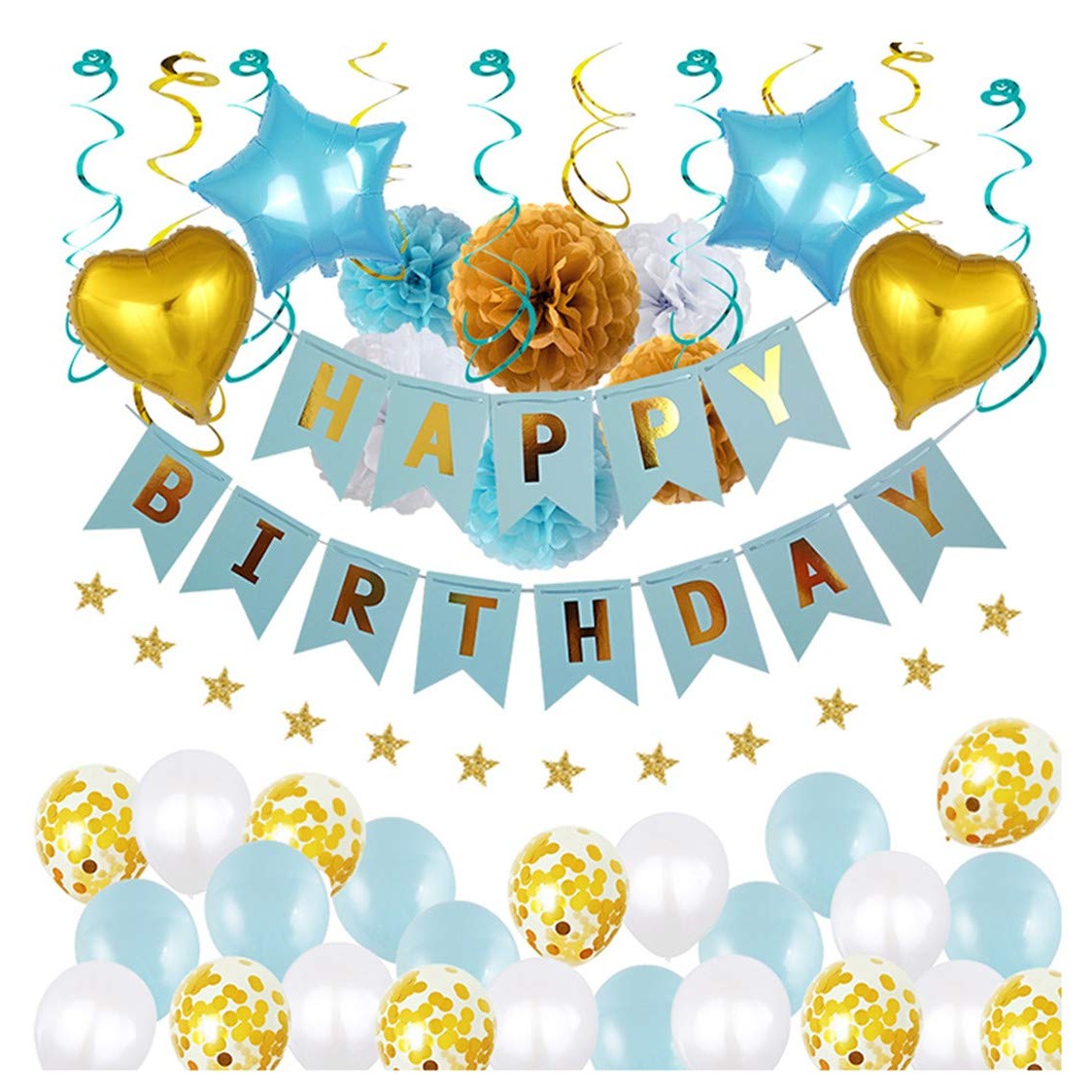 Banner Happy Birthday 100x200 cm, Dimensiune Stegulet 11.5x16.5 cm, Rola de Ata Inclusa, Albastru