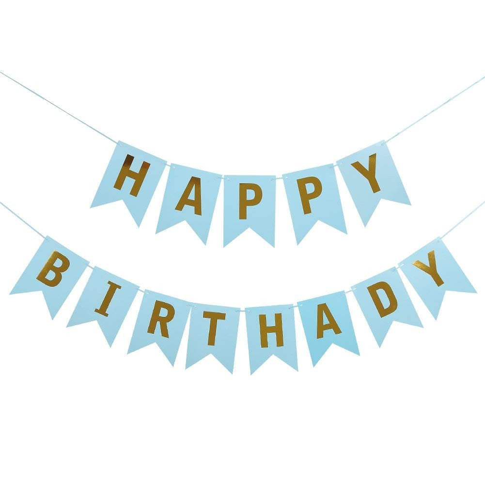 Banner Happy Birthday 100x200 cm, Dimensiune Stegulet 11.5x16.5 cm, Rola de Ata Inclusa, Albastru