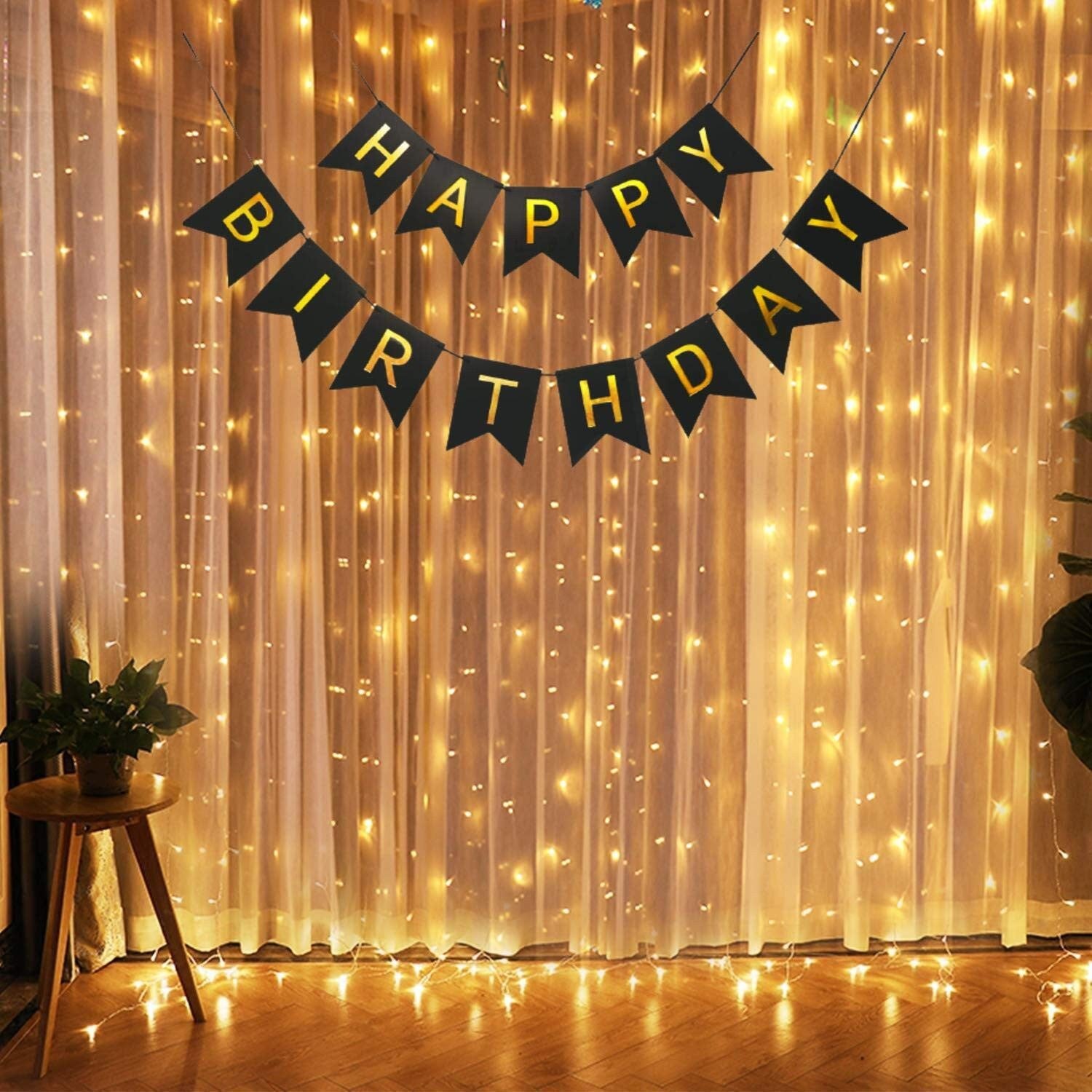 Banner Happy Birthday 100x200 cm, Dimensiune Stegulet 11.5x16.5 cm, Rola de Ata Inclusa, Negru