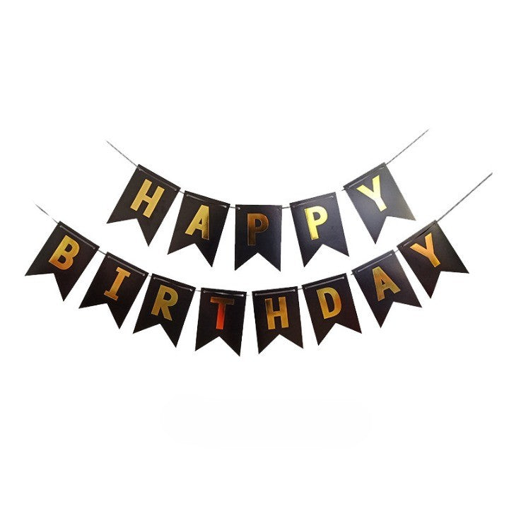 Banner Happy Birthday 100x200 cm, Dimensiune Stegulet 11.5x16.5 cm, Rola de Ata Inclusa, Negru