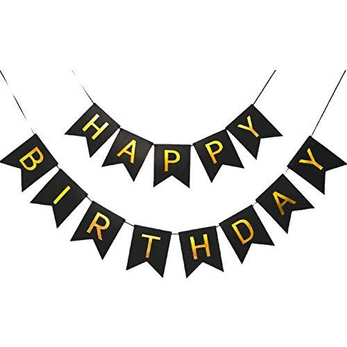 Banner Happy Birthday 100x200 cm, Dimensiune Stegulet 11.5x16.5 cm, Rola de Ata Inclusa, Negru