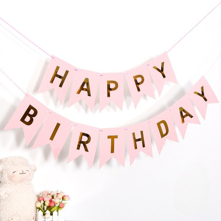 Banner Happy Birthday 100x200 cm, Dimensiune Stegulet 11.5x16.5 cm, Rola de Ata Inclusa, Roz