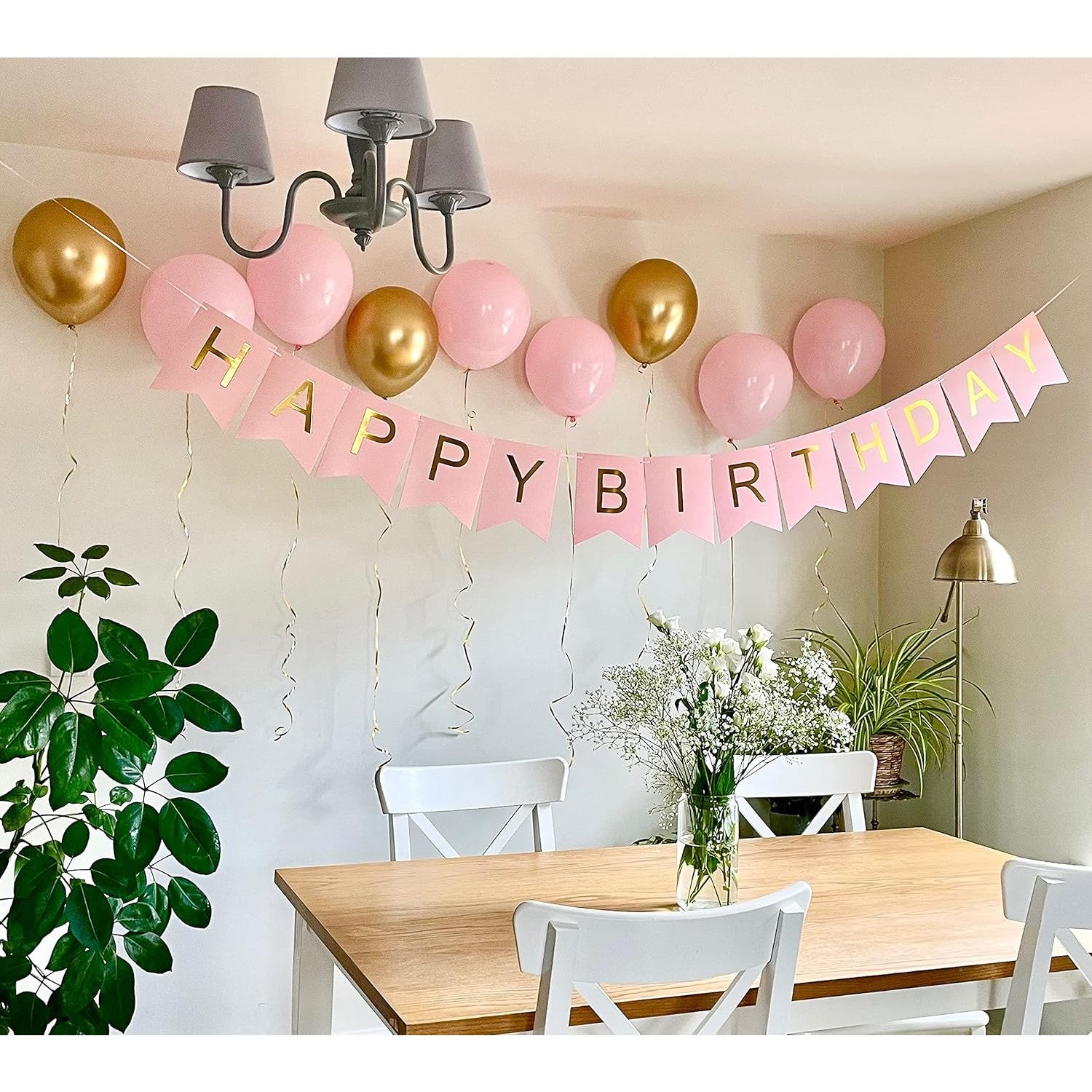 Banner Happy Birthday 100x200 cm, Dimensiune Stegulet 11.5x16.5 cm, Rola de Ata Inclusa, Roz