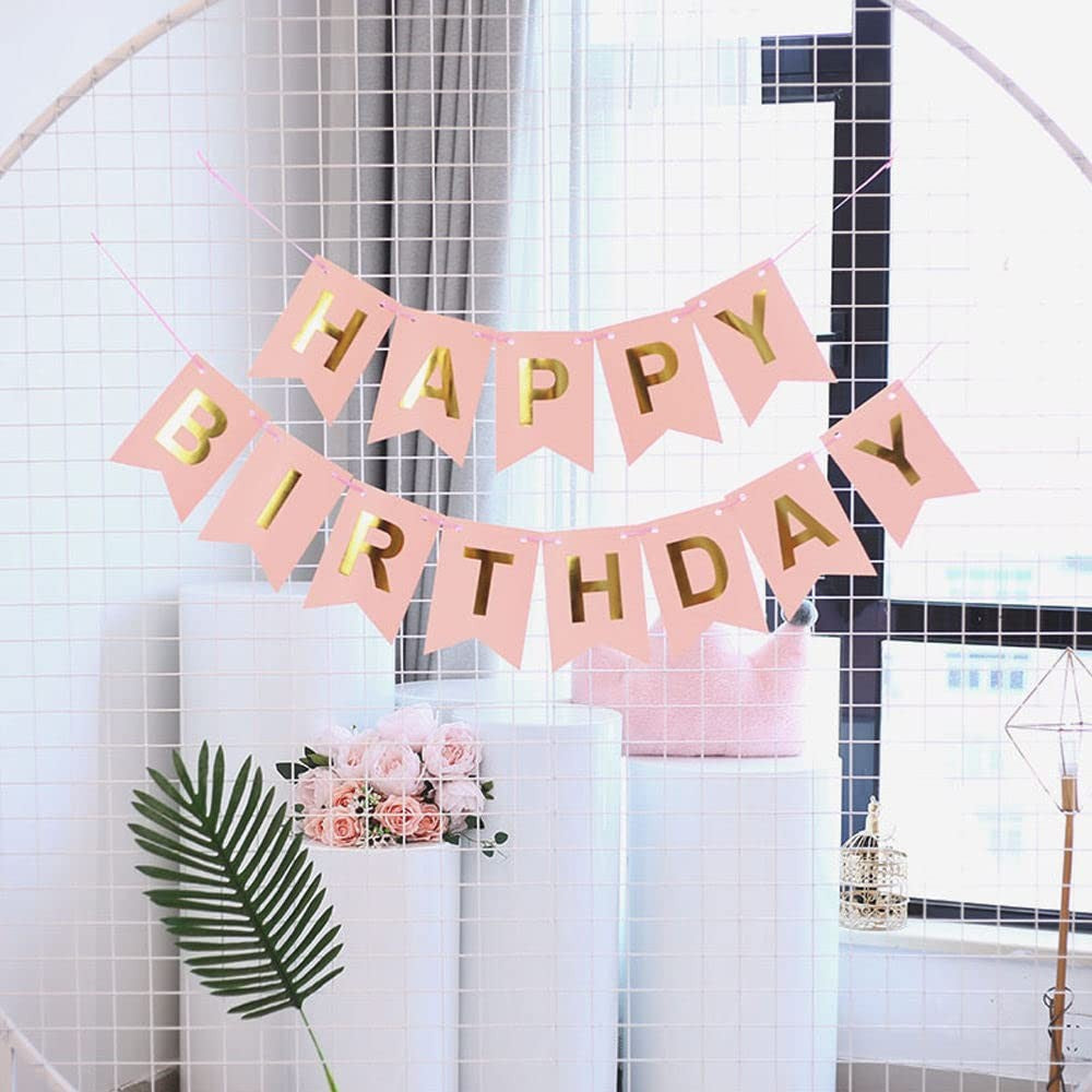 Banner Happy Birthday 100x200 cm, Dimensiune Stegulet 11.5x16.5 cm, Rola de Ata Inclusa, Roz