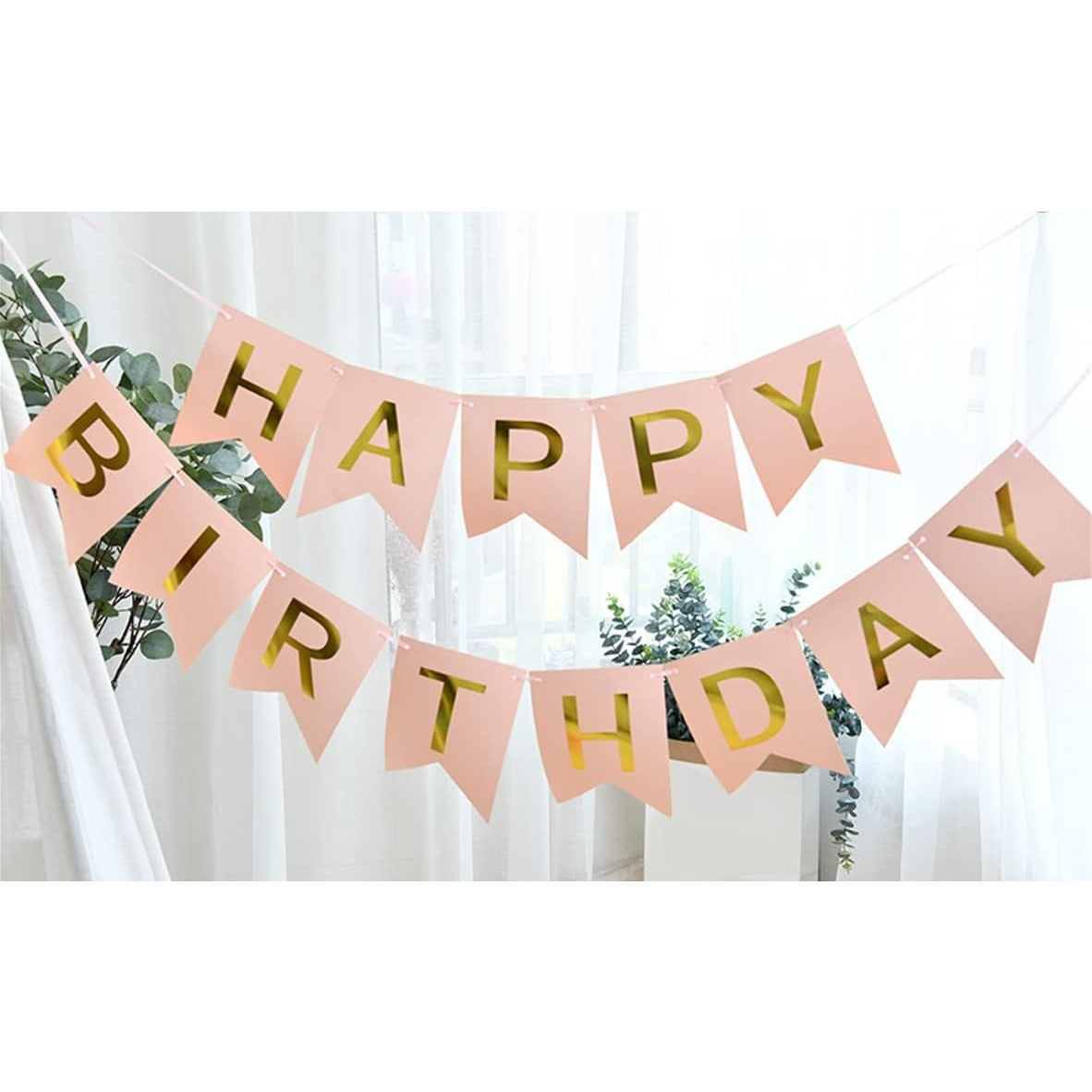 Banner Happy Birthday 100x200 cm, Dimensiune Stegulet 11.5x16.5 cm, Rola de Ata Inclusa, Roz