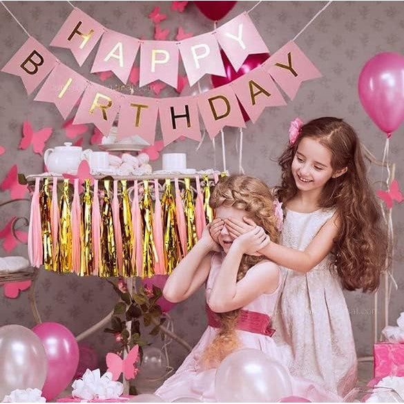 Banner Happy Birthday 100x200 cm, Dimensiune Stegulet 11.5x16.5 cm, Rola de Ata Inclusa, Roz