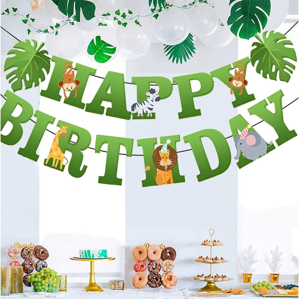 Banner Happy Birthday 100x200 cm, Rola de Ata Inclusa, Tematica Jungle, Verde