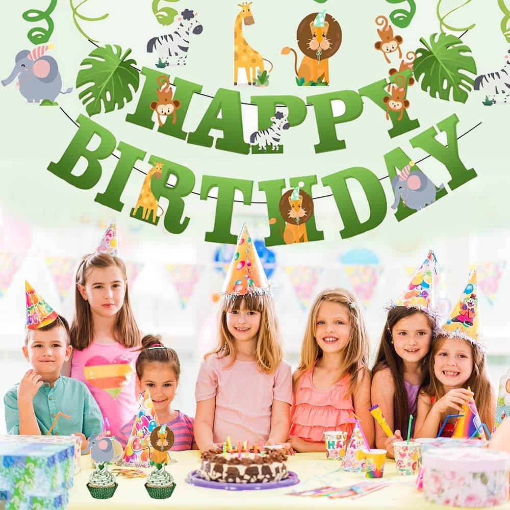Banner Happy Birthday 100x200 cm, Rola de Ata Inclusa, Tematica Jungle, Verde