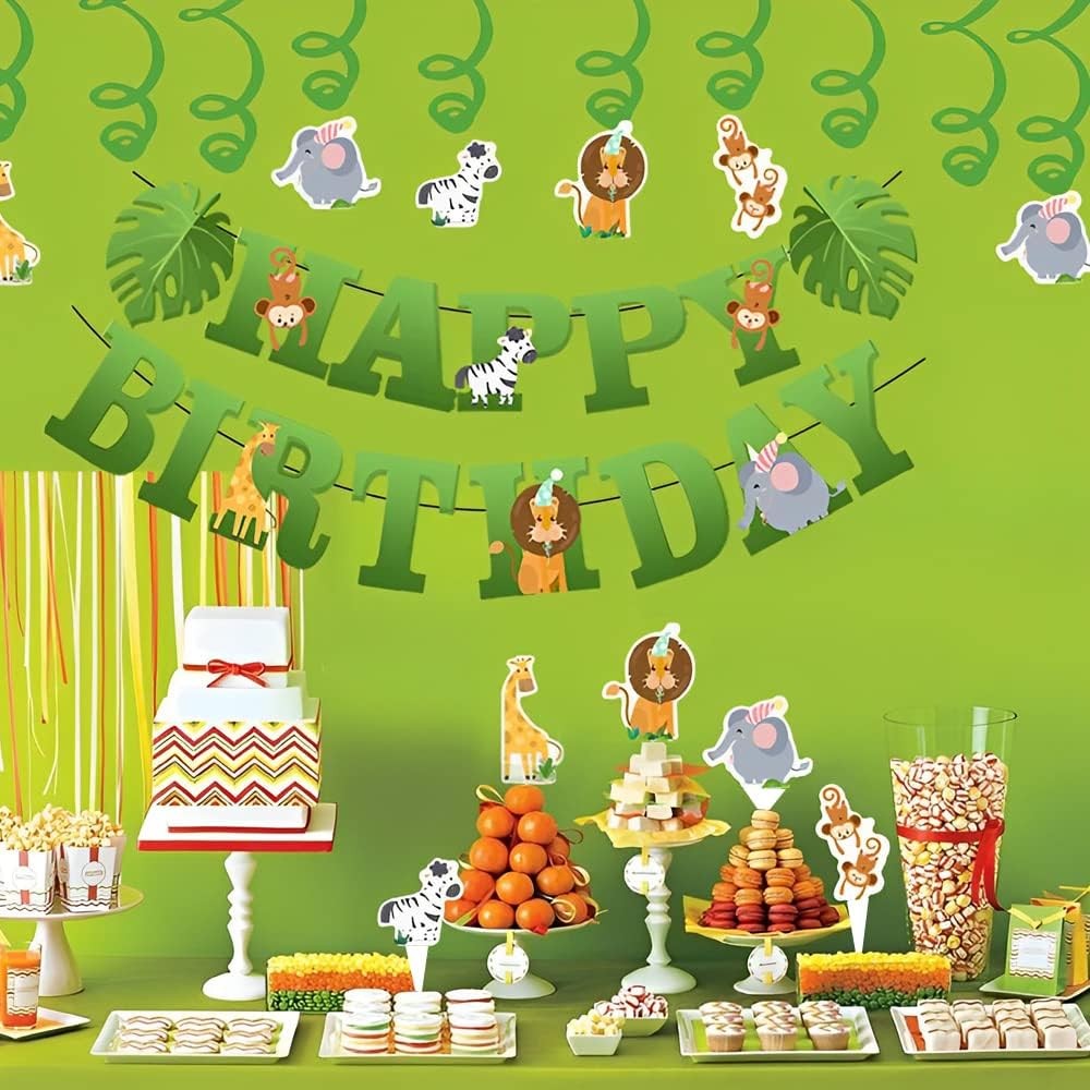 Banner Happy Birthday 100x200 cm, Rola de Ata Inclusa, Tematica Jungle, Verde