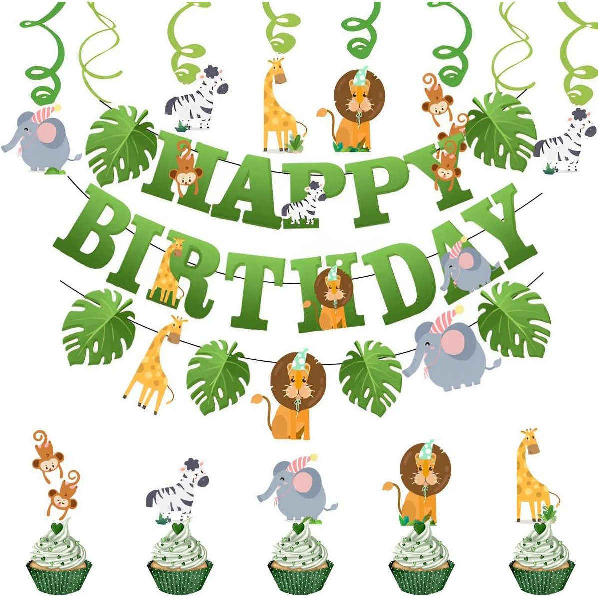 Banner Happy Birthday 100x200 cm, Rola de Ata Inclusa, Tematica Jungle, Verde