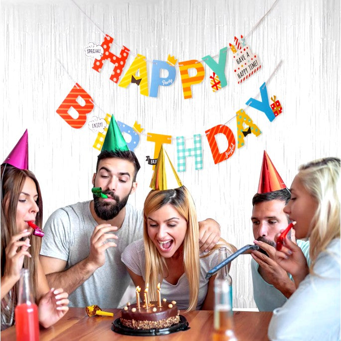 Banner Happy Birthday 100x200 cm, Rola de Ata Inclusa, Tematica Aniversare, Multicolor