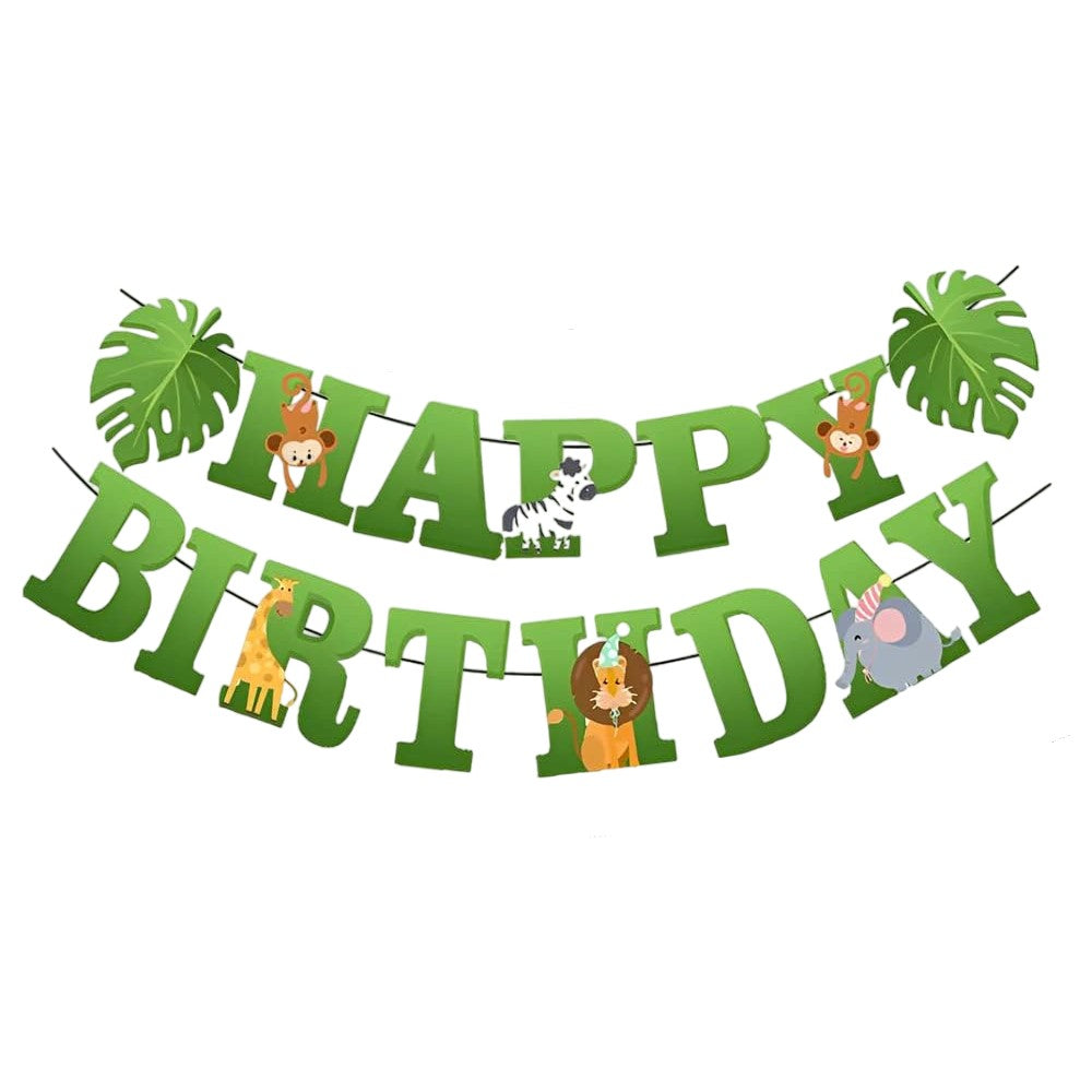 Banner Happy Birthday 100x200 cm, Rola de Ata Inclusa, Tematica Jungle, Verde