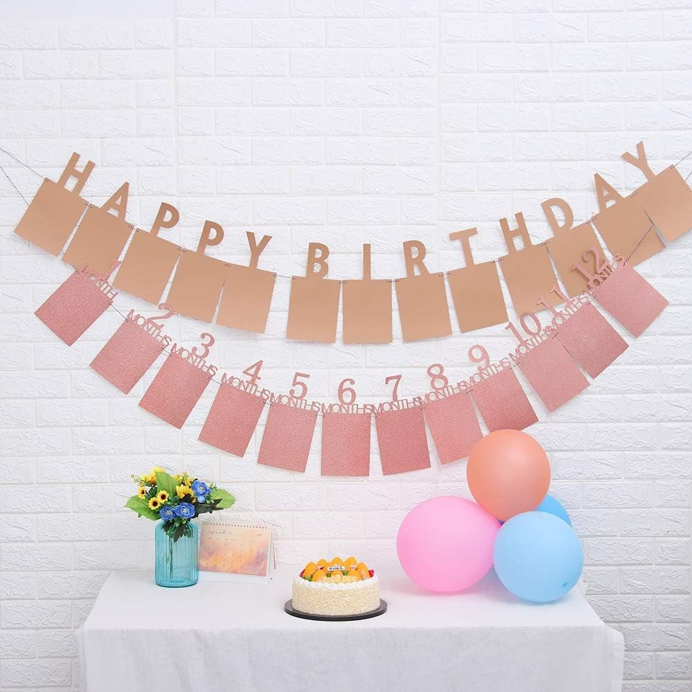Banner pentru Poze, 15.2x10.2 cm, Tema Prima Aniversare, Model Primele 12 Luni, Rola Ata Inclusa, Roz