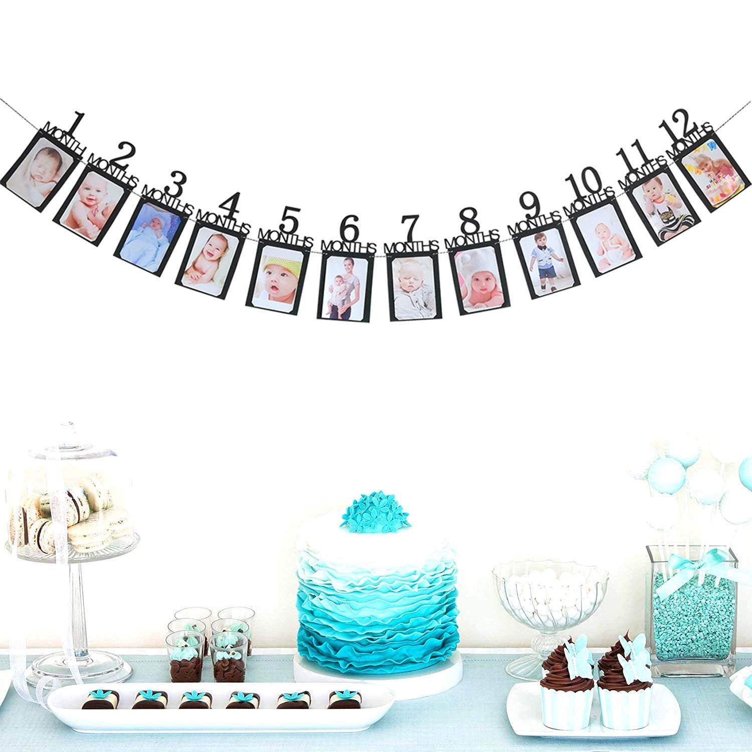 Banner pentru Poze, 15.2x10.2 cm, Tema Prima Aniversare, Model Primele 12 Luni, Rola Ata Inclusa, Negru