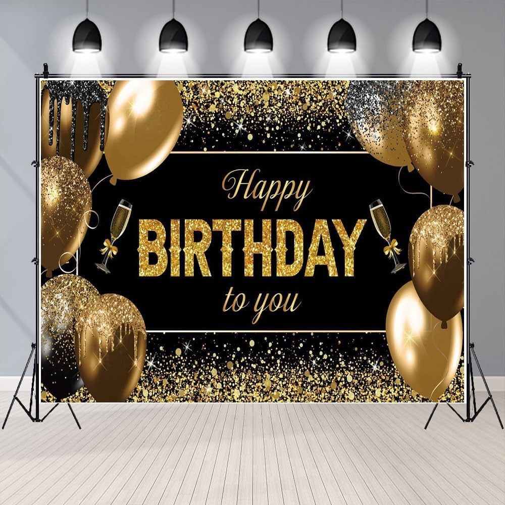 Banner Tip Fundal pentru Poze, din Panza, 185 x 110 cm, Sfoara 6 m, Prindere in 4 Colturi, Happy Birthday to You, Negru/Auriu