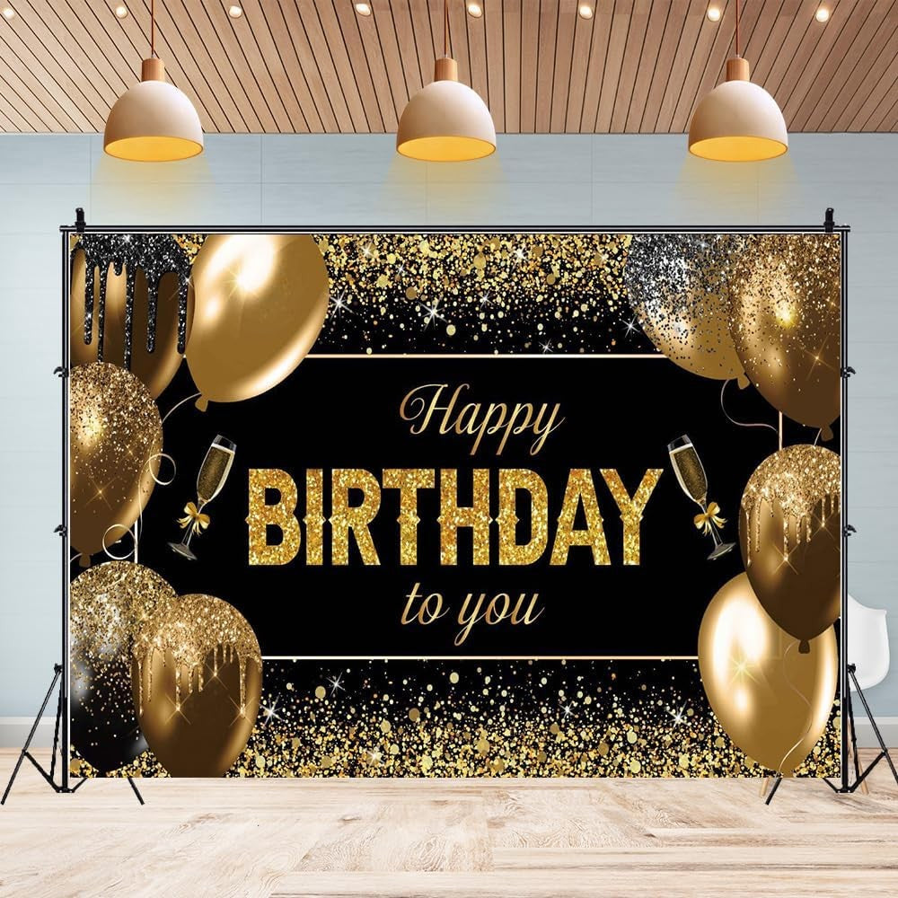 Banner Tip Fundal pentru Poze, din Panza, 185 x 110 cm, Sfoara 6 m, Prindere in 4 Colturi, Happy Birthday to You, Negru/Auriu