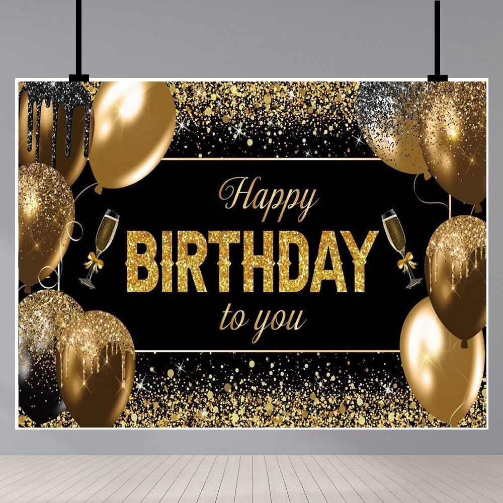 Banner Tip Fundal pentru Poze, din Panza, 185 x 110 cm, Sfoara 6 m, Prindere in 4 Colturi, Happy Birthday to You, Negru/Auriu