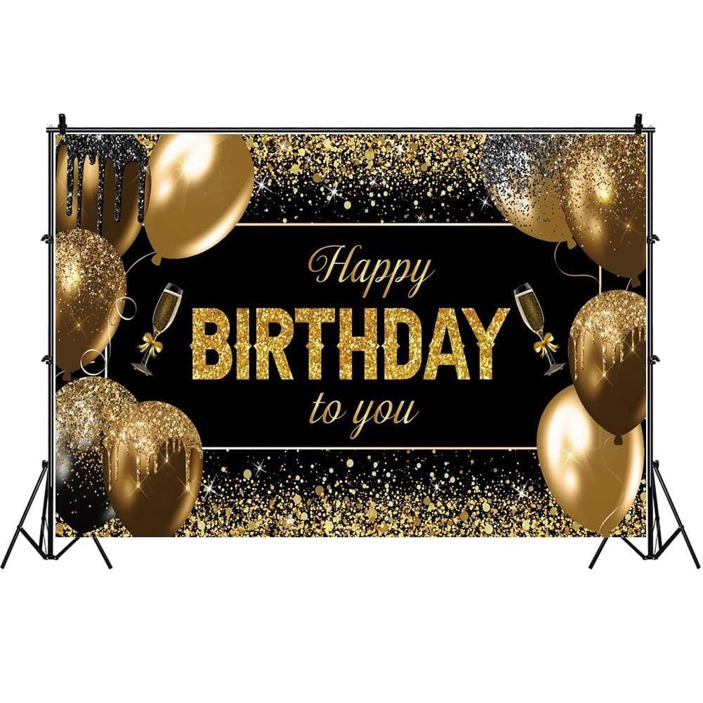 Banner Tip Fundal pentru Poze, din Panza, 185 x 110 cm, Sfoara 6 m, Prindere in 4 Colturi, Happy Birthday to You, Negru/Auriu