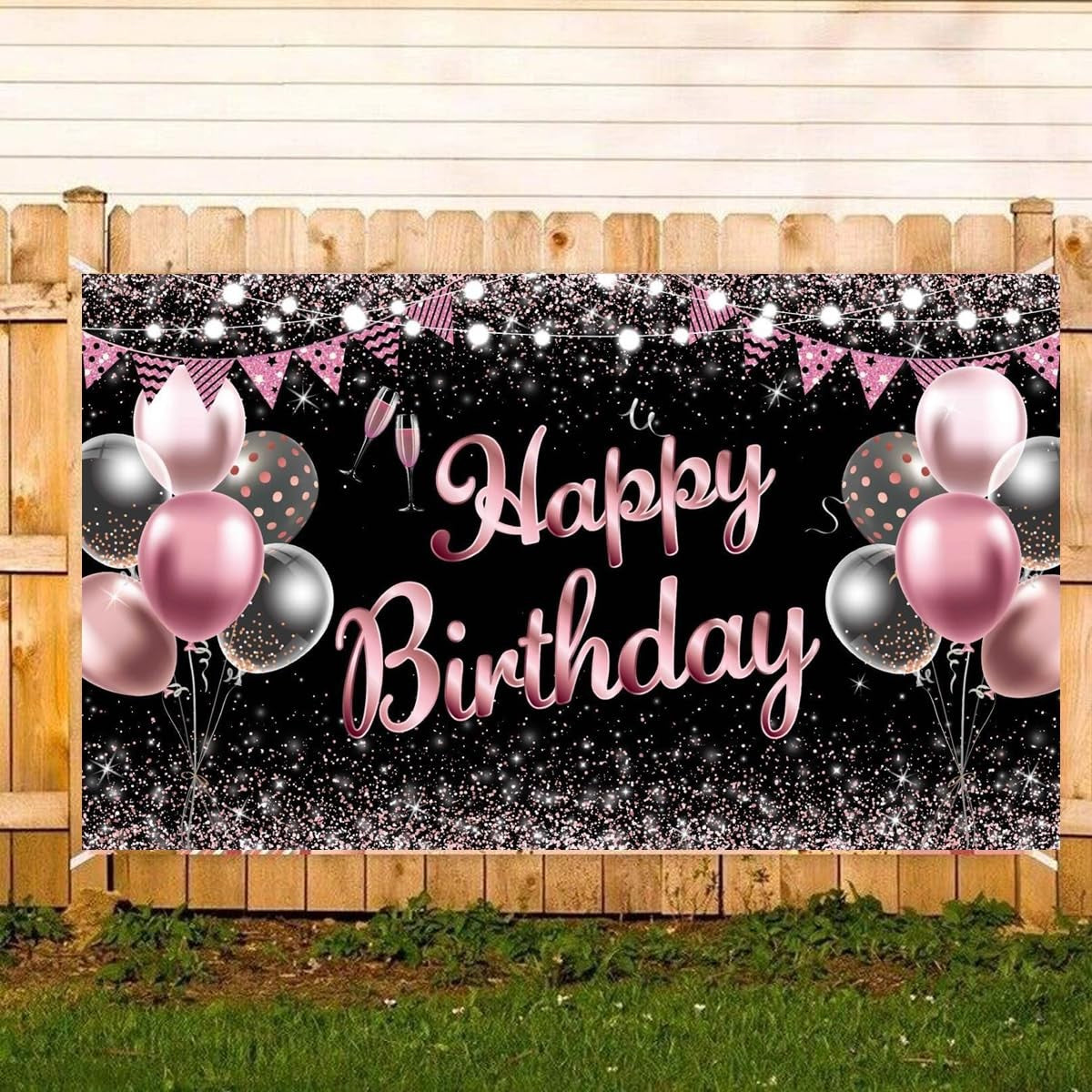 Banner Tip Fundal pentru Poze, din Panza, 185 x 110 cm, Sfoara 6 m, Prindere in 4 Colturi, Negru/Roz