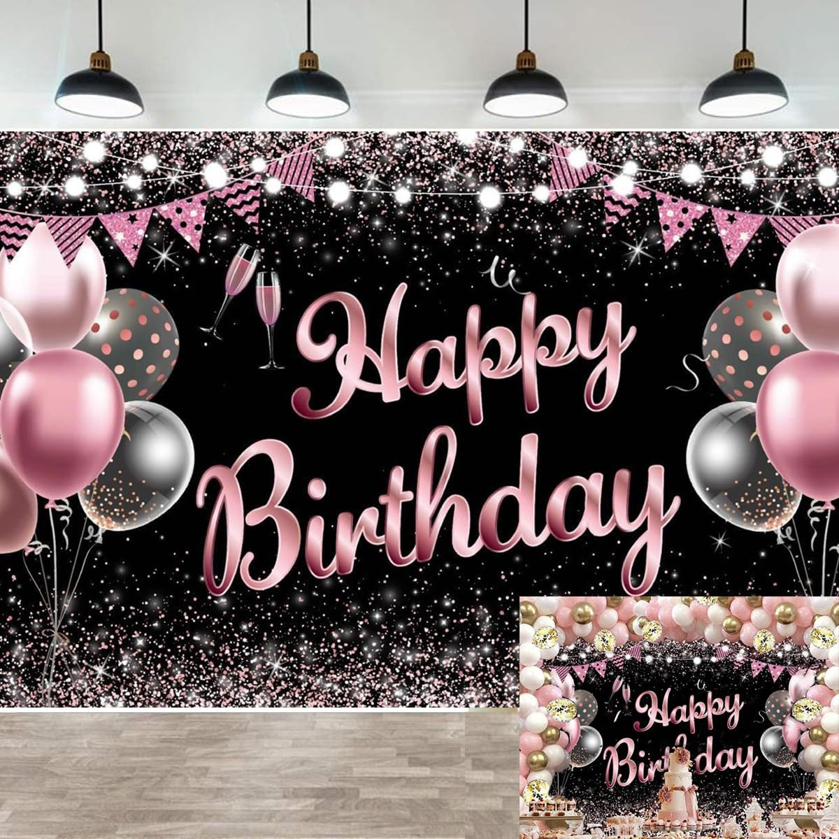 Banner Tip Fundal pentru Poze, din Panza, 185 x 110 cm, Sfoara 6 m, Prindere in 4 Colturi, Negru/Roz