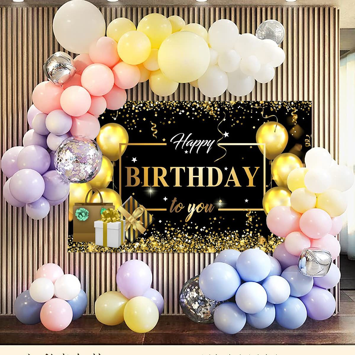 Banner Tip Fundal pentru Poze, din Panza, Model Happy Birthday to You, 185 x 110 cm, Sfoara 6 m, Prindere in 4 Colturi, Negru/Auriu