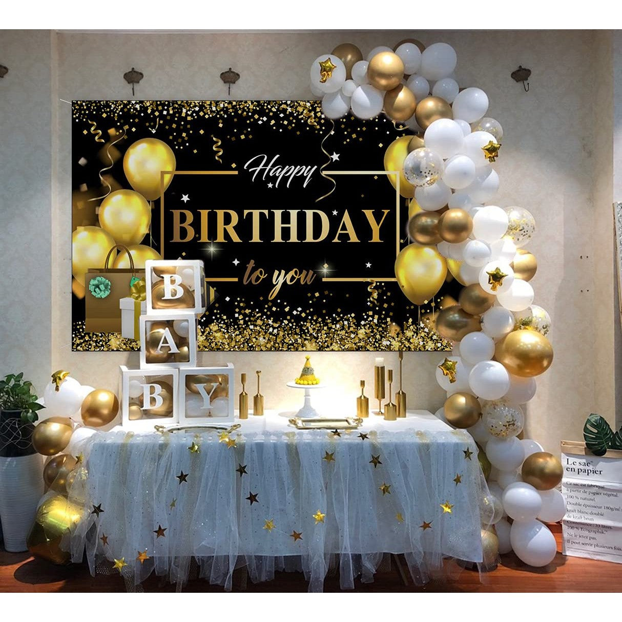 Banner Tip Fundal pentru Poze, din Panza, Model Happy Birthday to You, 185 x 110 cm, Sfoara 6 m, Prindere in 4 Colturi, Negru/Auriu